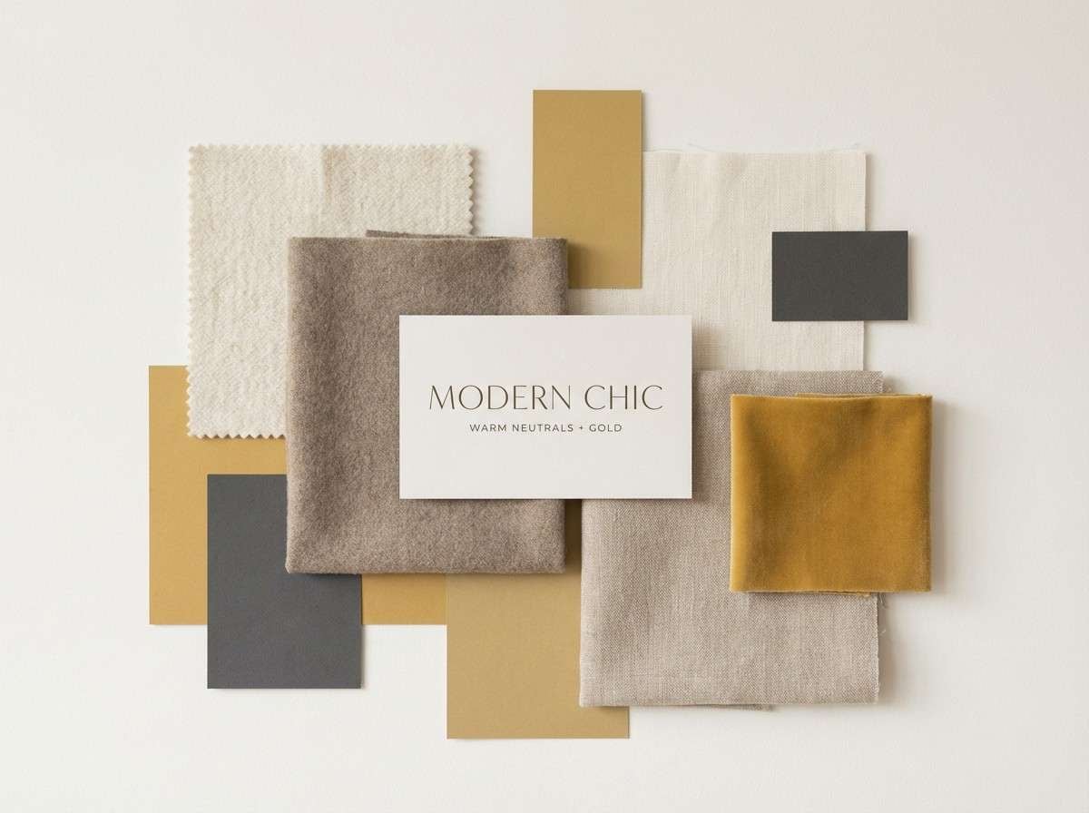 mood board with warm neutrals and gold