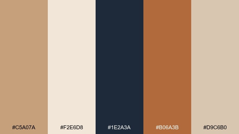 tan and navy classic color palette with hex codes