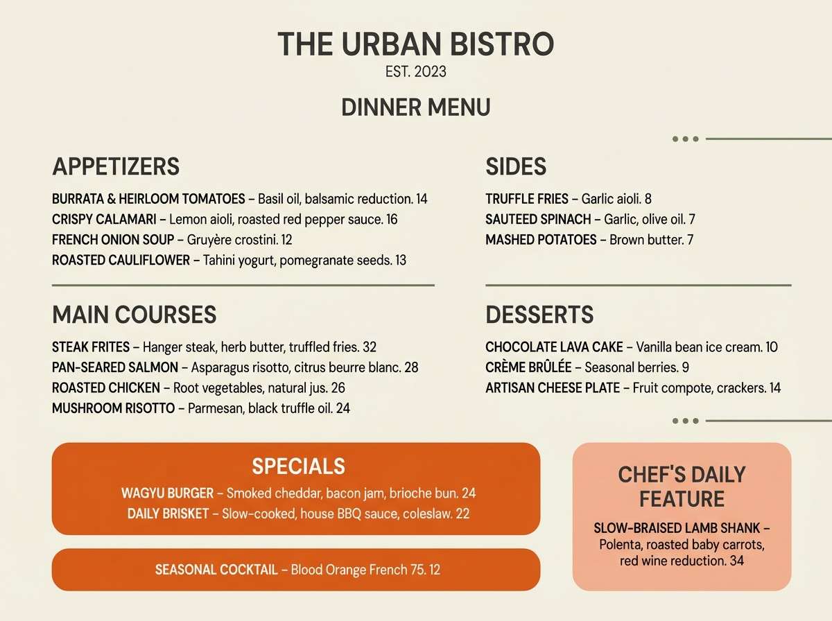 restaurant menu layout