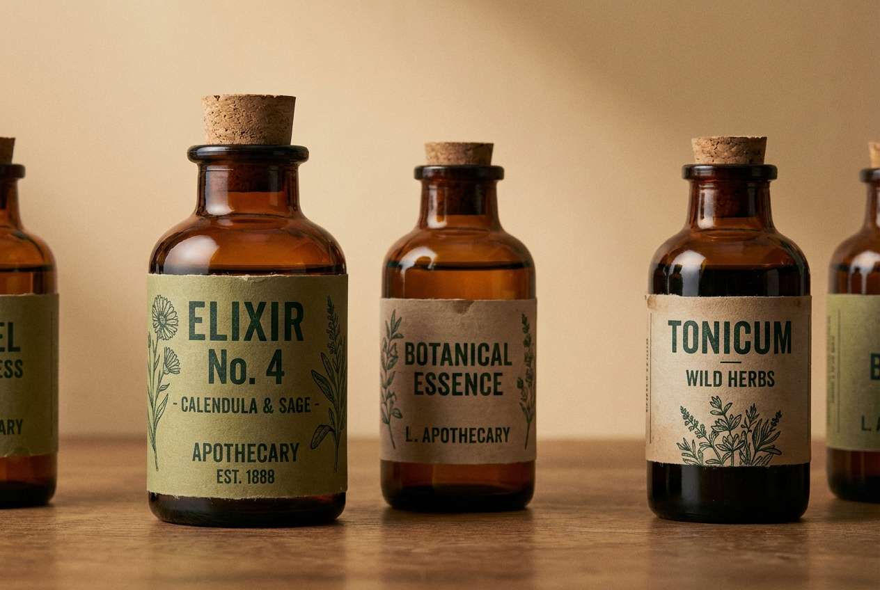 apothecary labels in olive greens