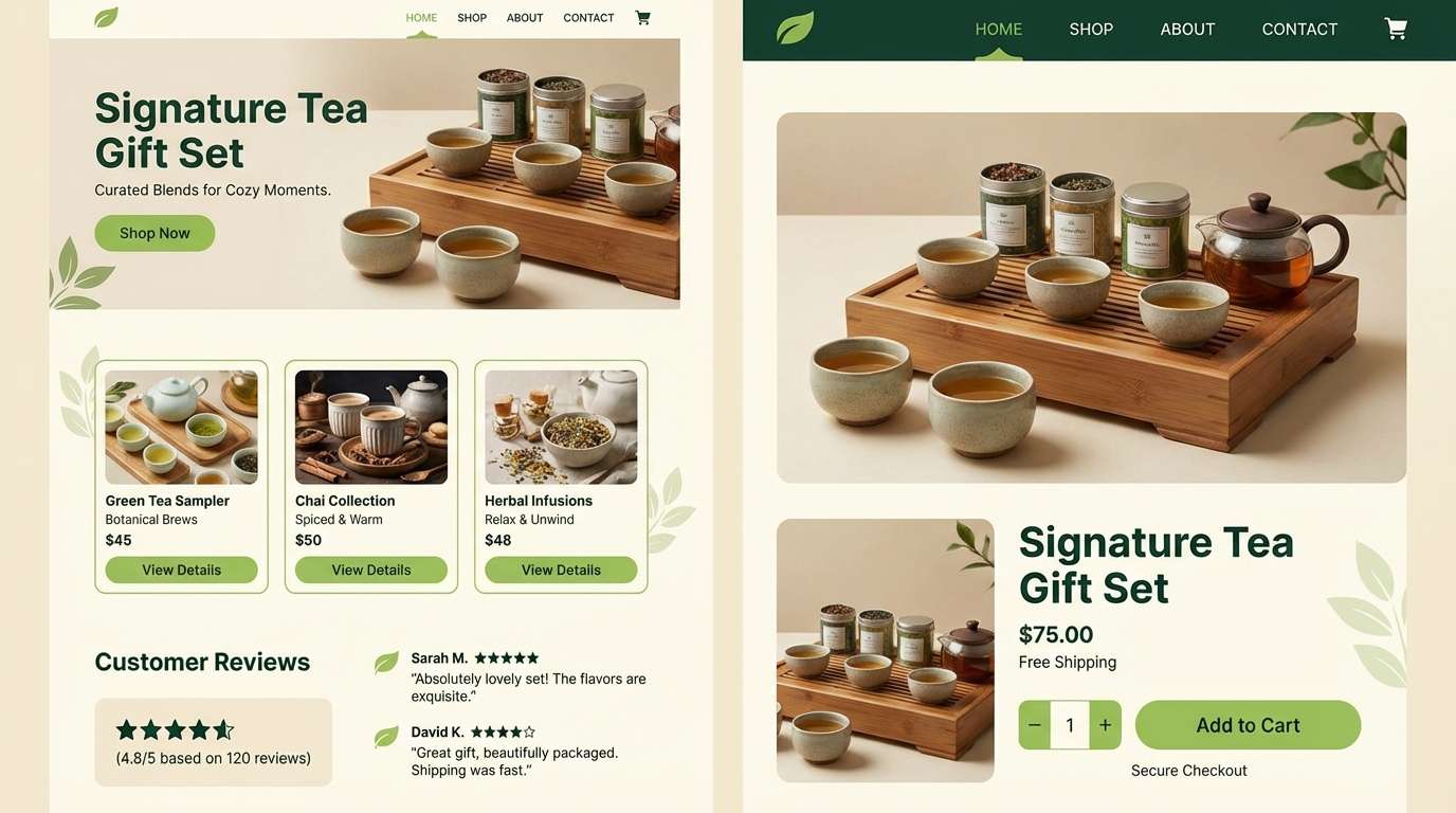 tea product page in greens