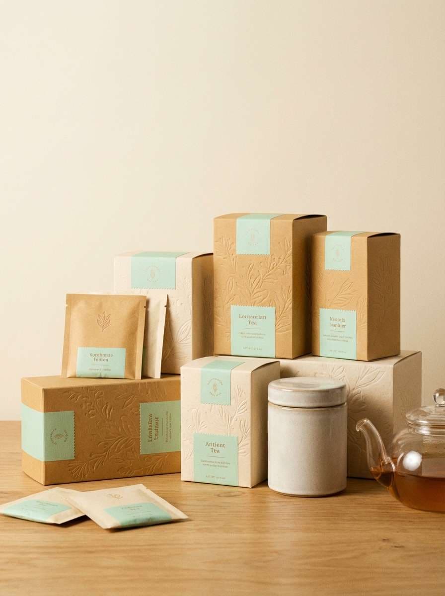 tea packaging in warm cream and mint