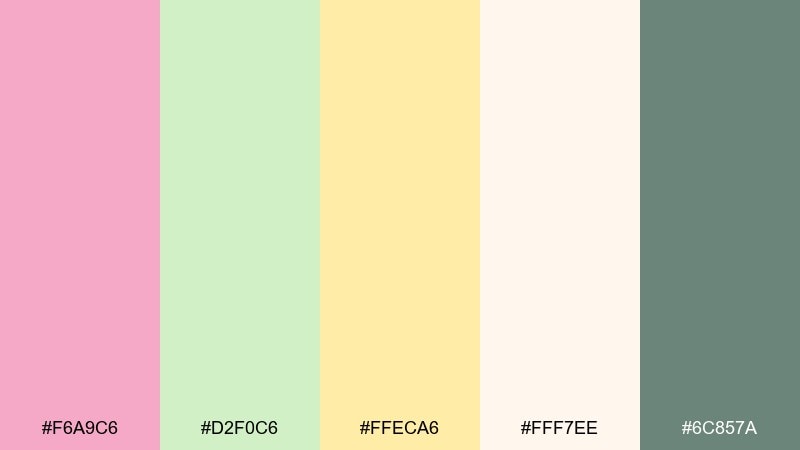 tea party poster pastel pink green yellow color palette with hex codes