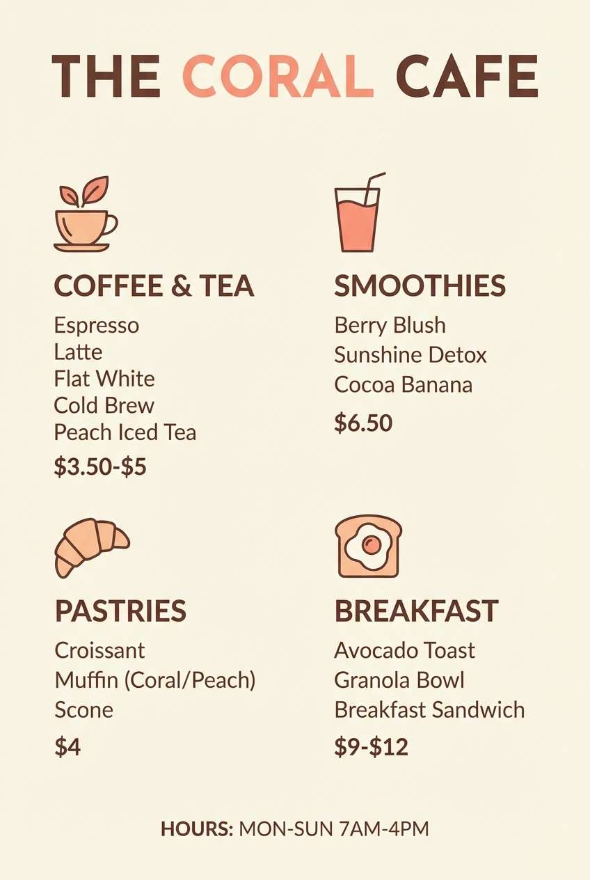 coral cafe menu design