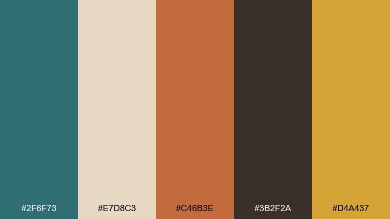 teak and teal mid century modern color palette with hex codes