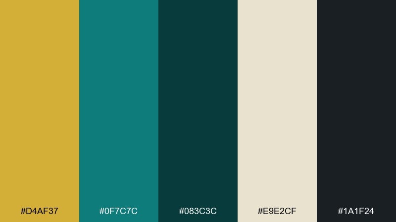 teal and gold modern color palette with hex codes