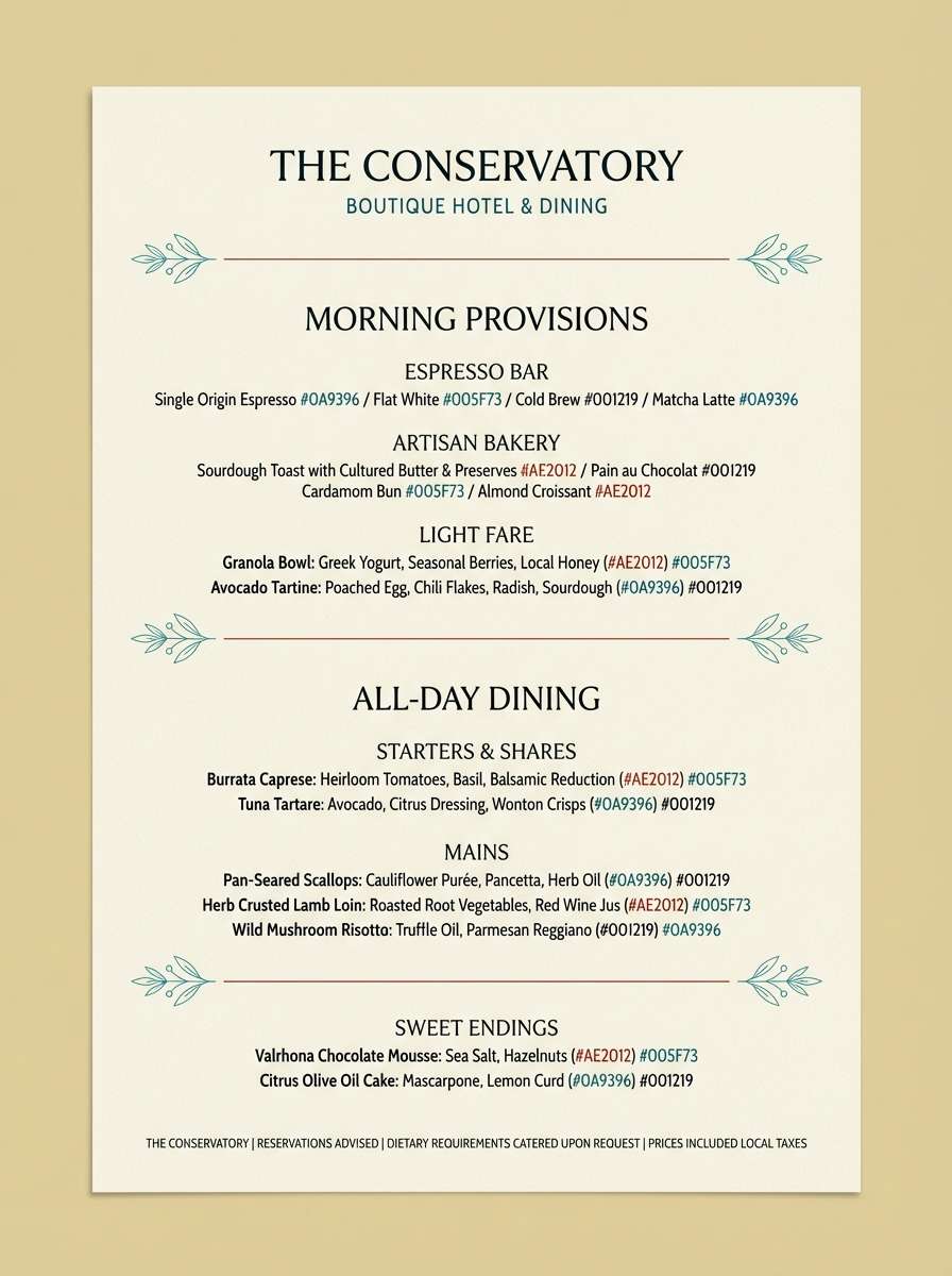 teal blue boutique hotel menu layout