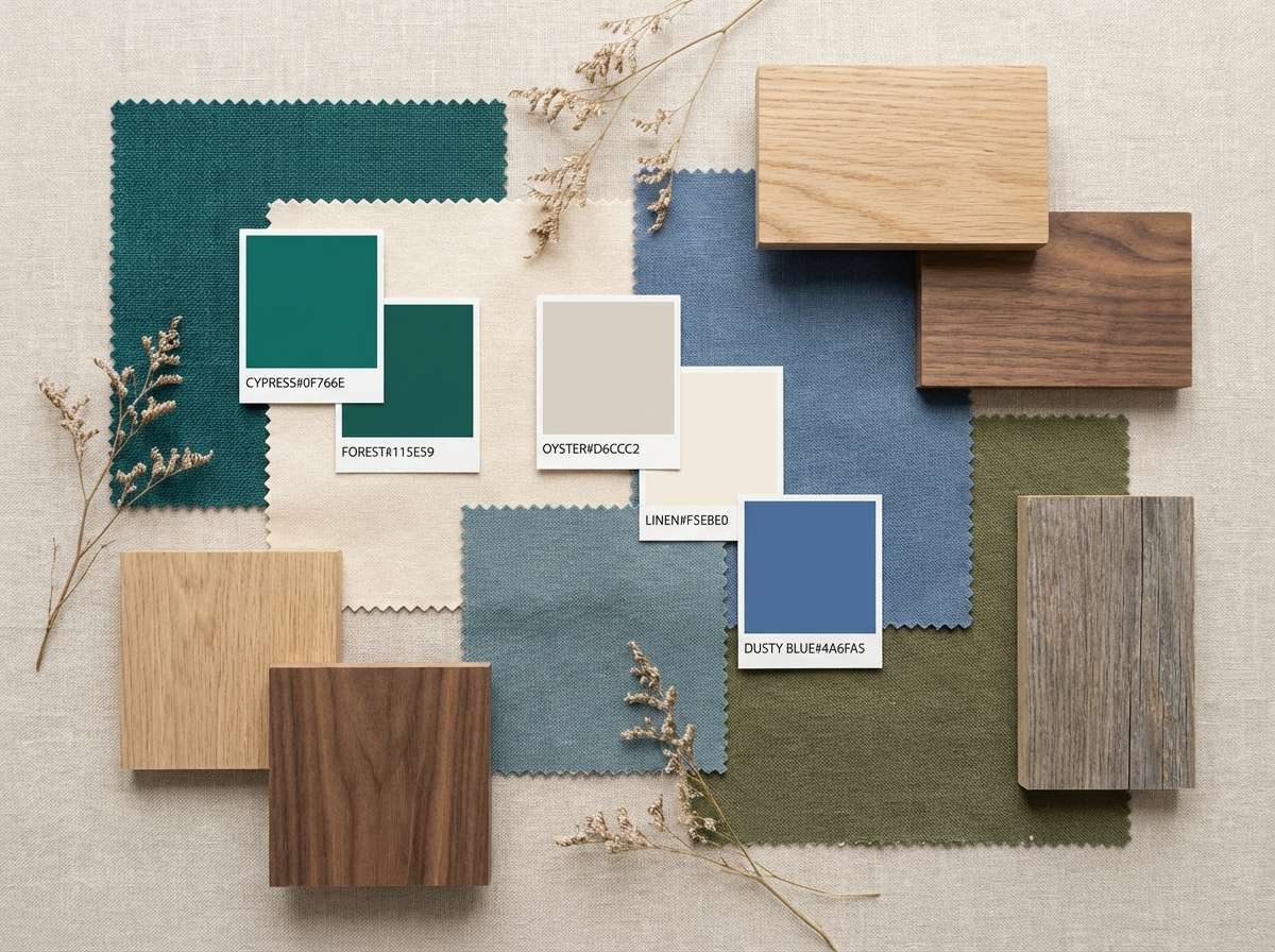 teal blue coastal mood board collage