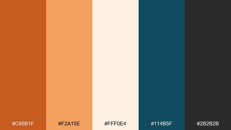 teal contrast pop dark orange color palette with hex codes