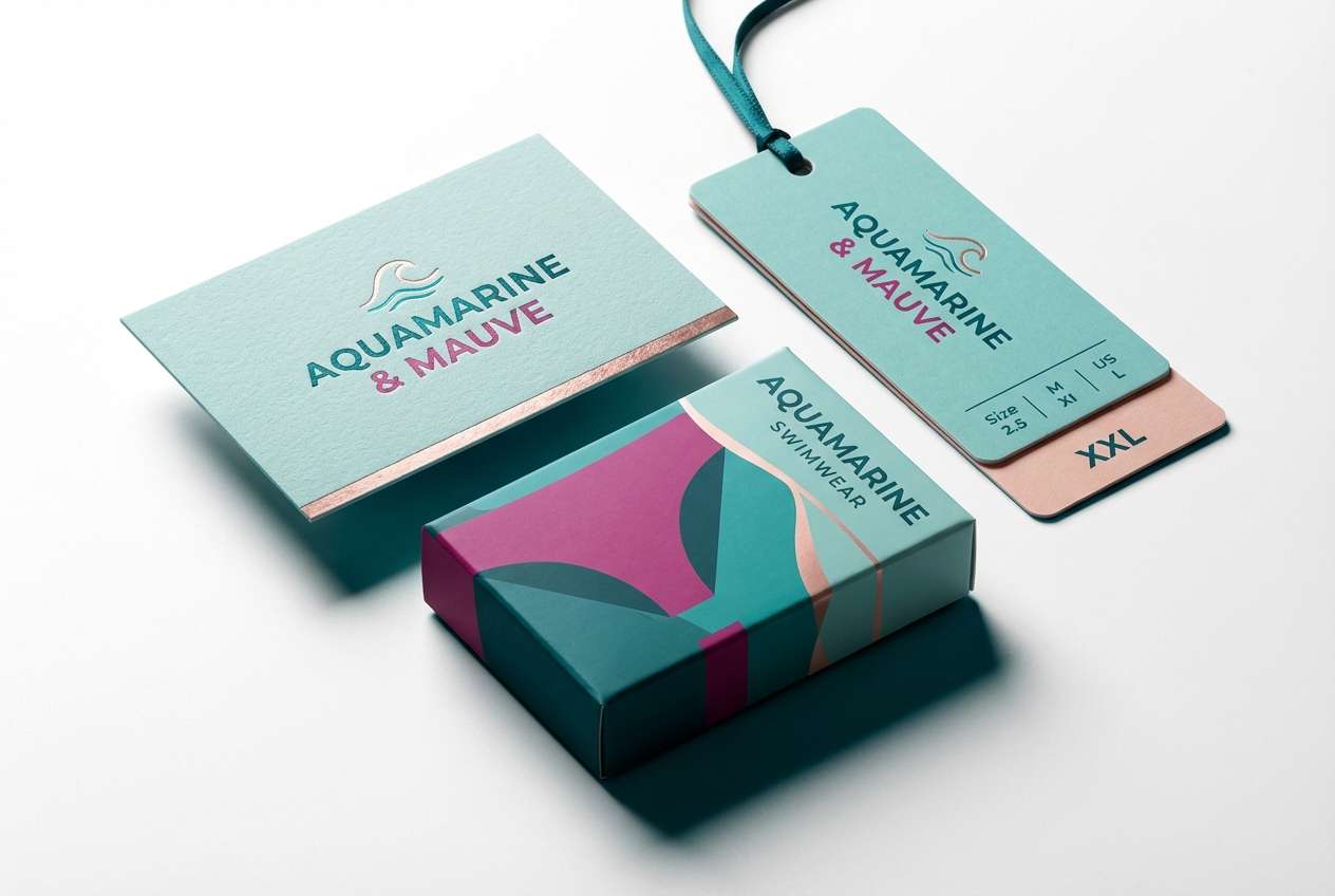 swimwear branding in teal magenta