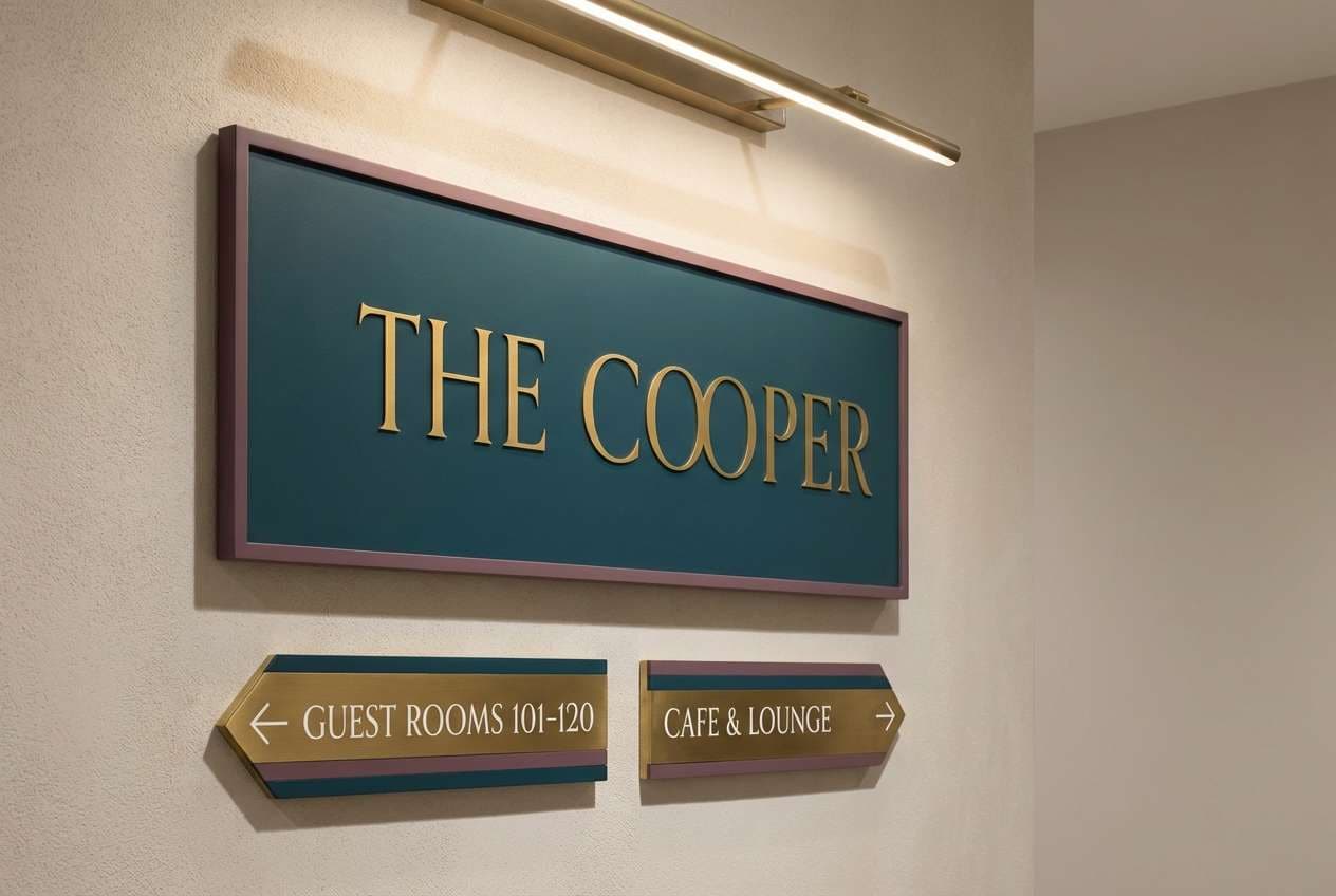 boutique signage in teal plum