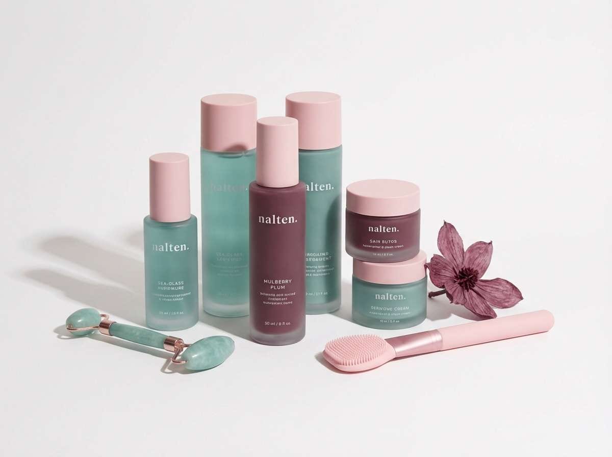 beauty products in coastal tones