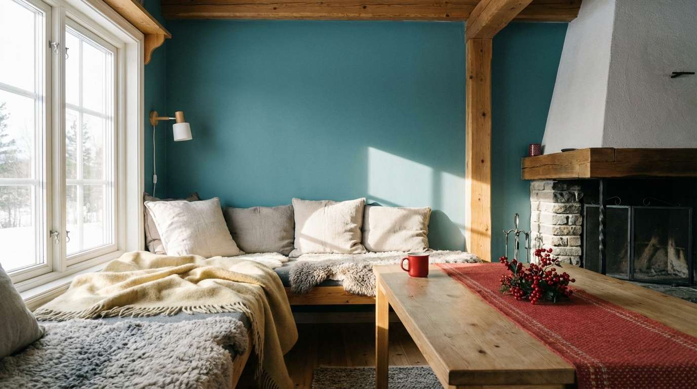 teal red cozy cabin interior
