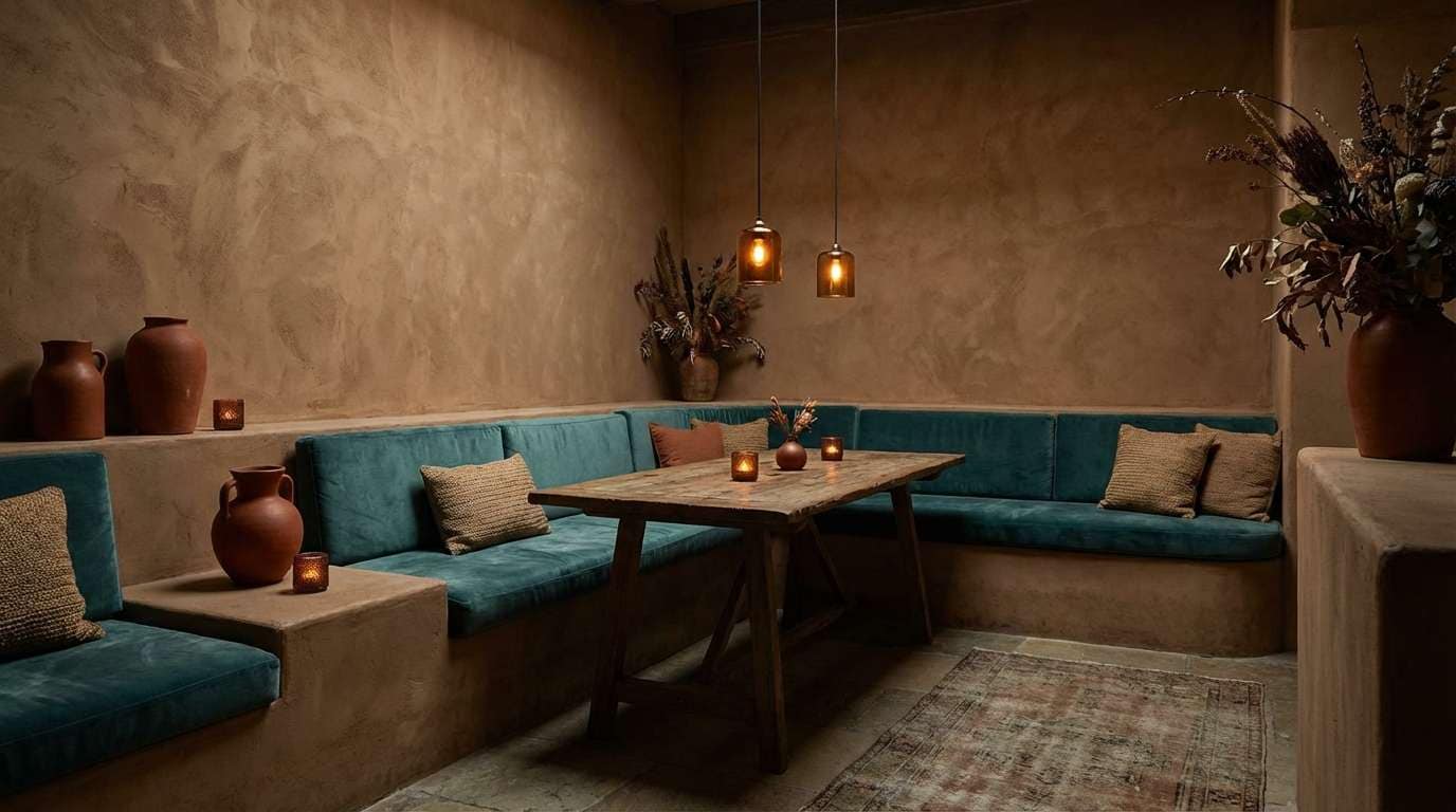 teal rust restaurant interior