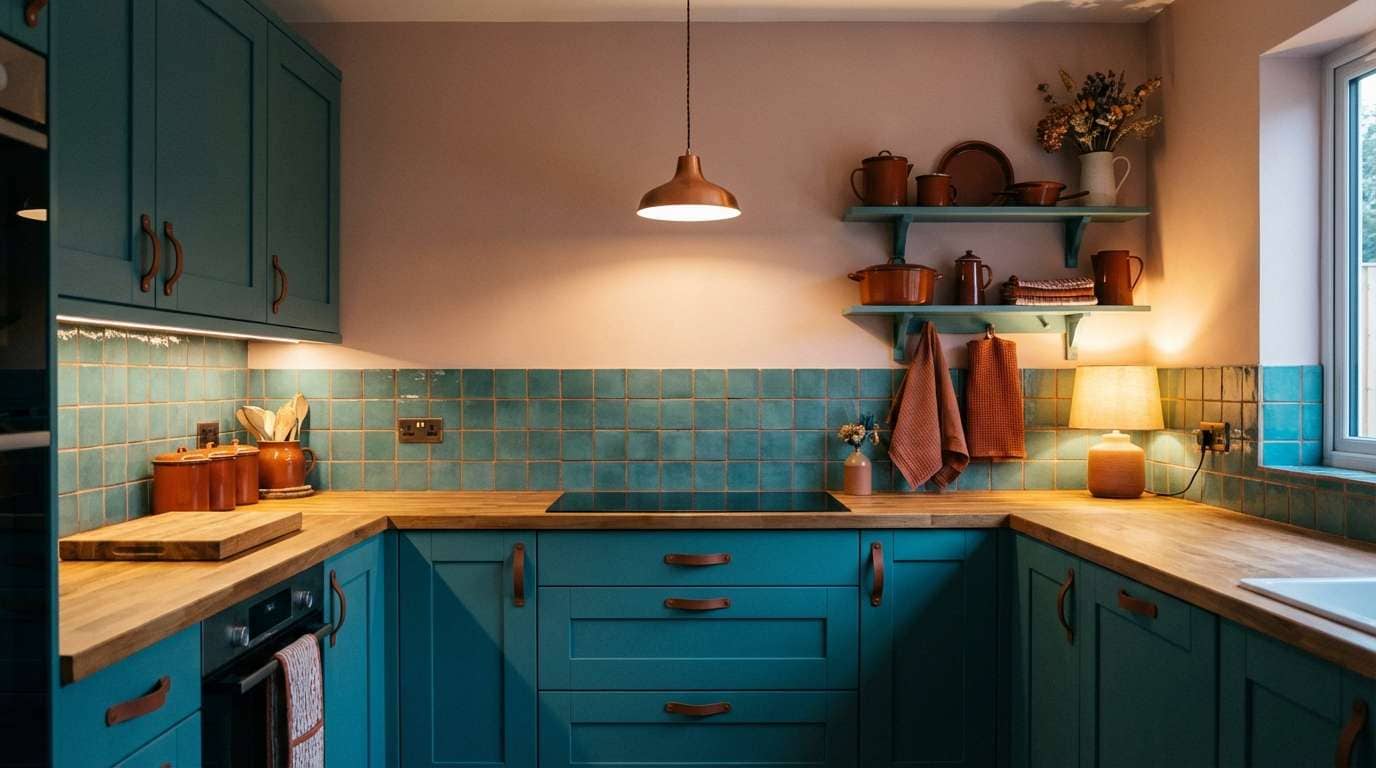 teal rust kitchen detail