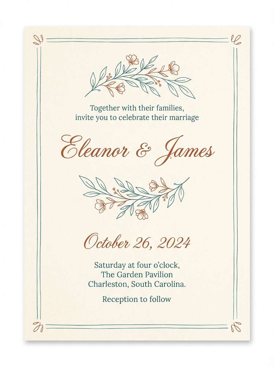 teal rust wedding invite