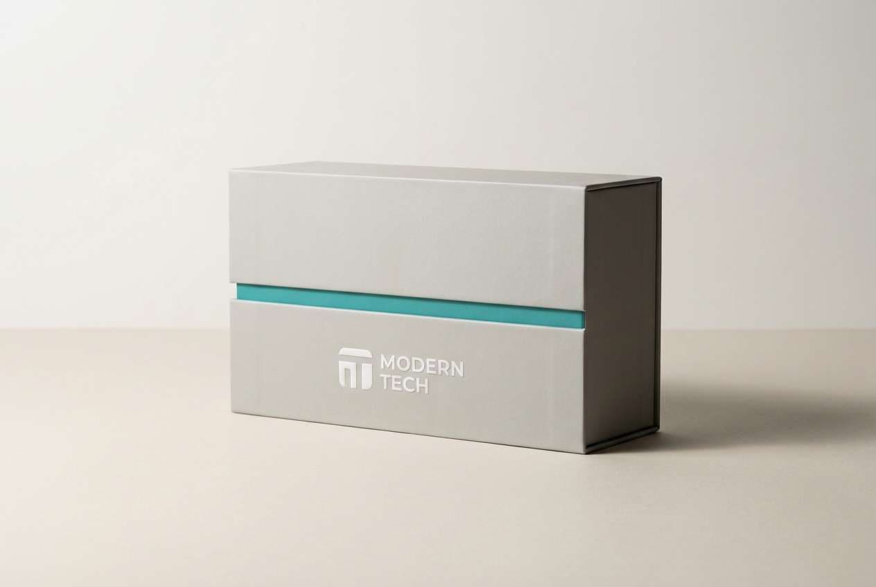 tech packaging in gray with teal