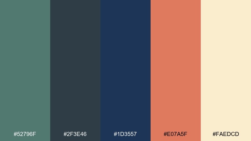 terra cotta marina green blue orange color palette with hex codes