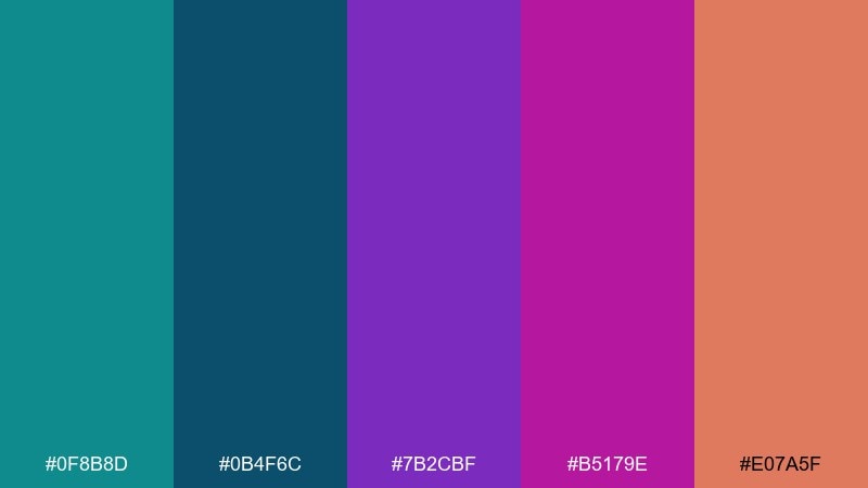 terracotta teal violet color palette with hex codes