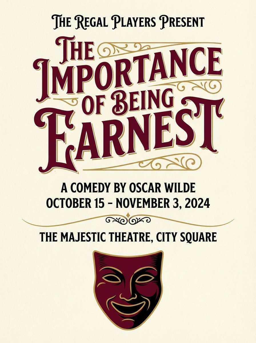 theater poster in maroon and gold color palette
