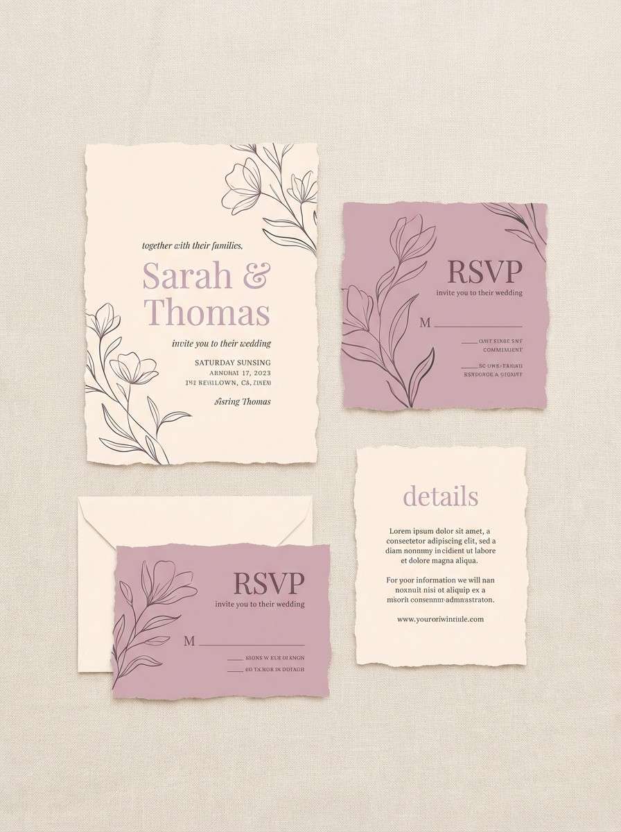 cream lilac wedding invitation