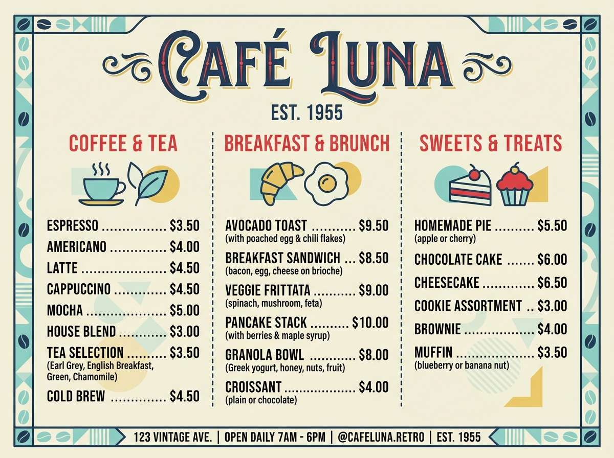 retro cafe menu