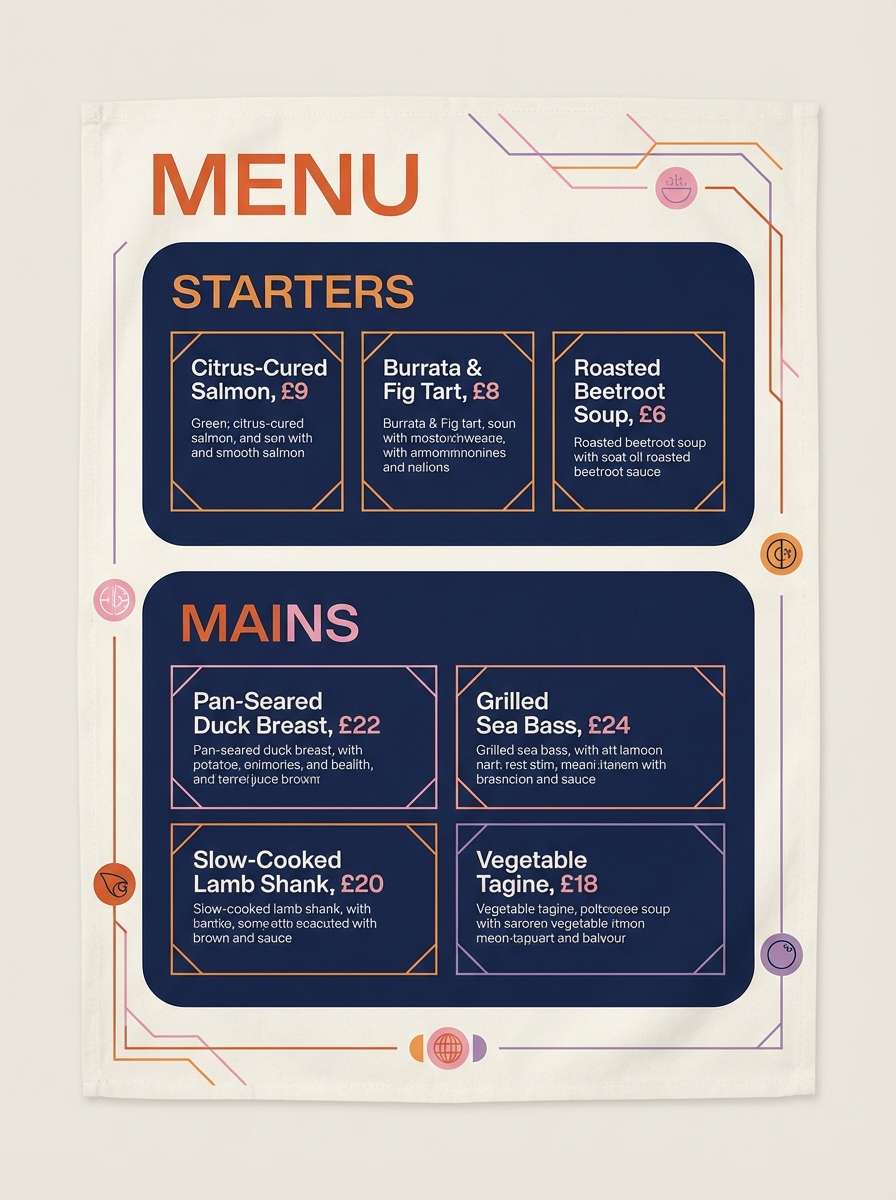 sunset themed restaurant menu