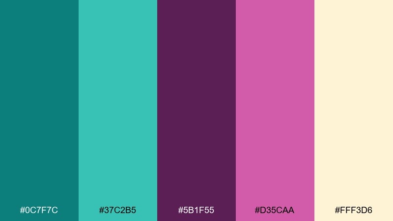 tropical violets teal plum color palette with hex codes