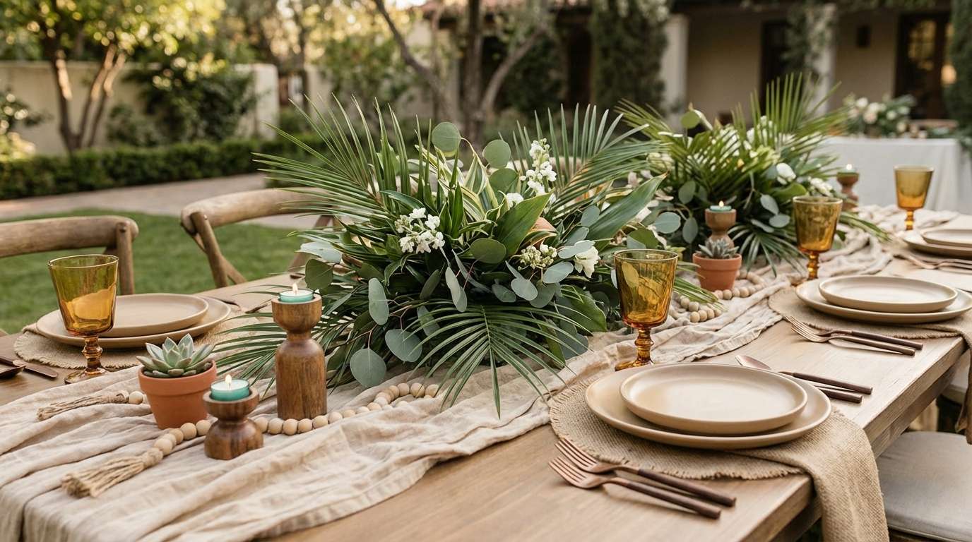 earthy tropical tablescape