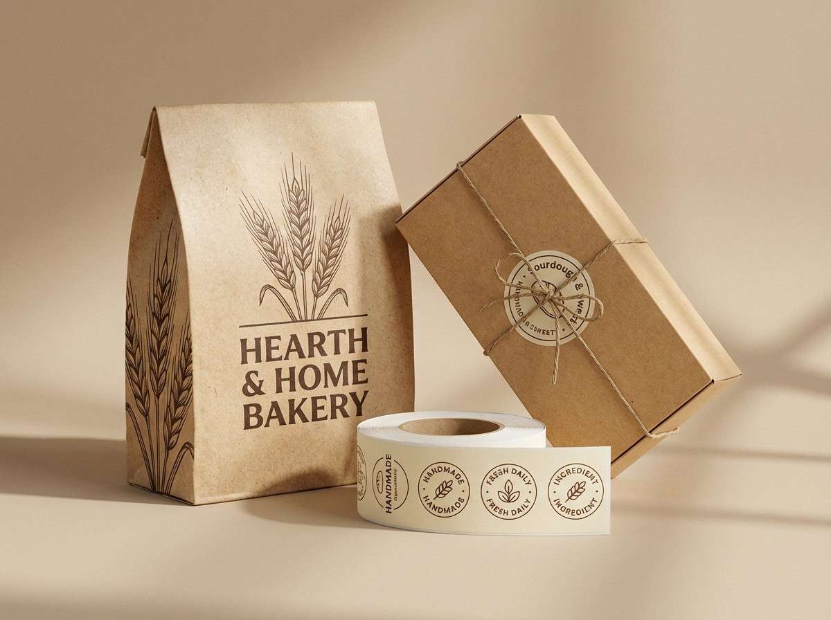 bakery packaging in warm wheat tones