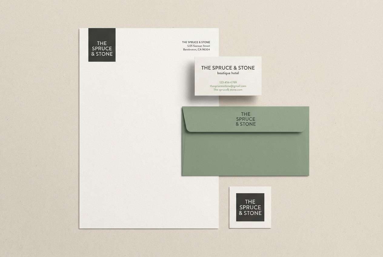 hotel stationery in muted spruce greens