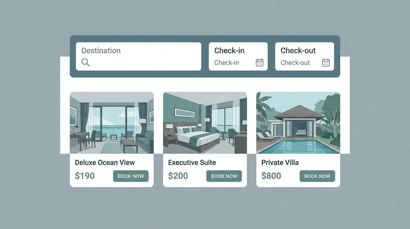 hotel booking ui in blue green grays