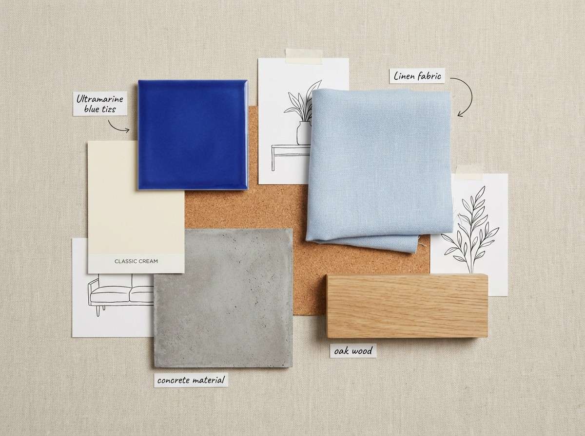 interior moodboard with ultramarine accents