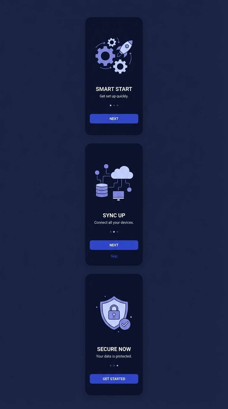 dark onboarding screens in ultramarine