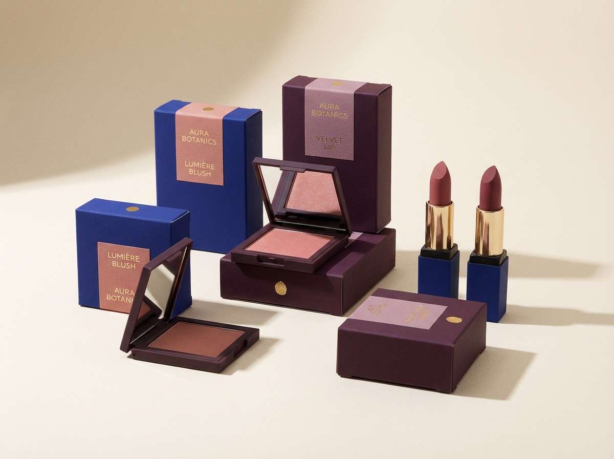 cosmetics packaging in ultramarine and plum