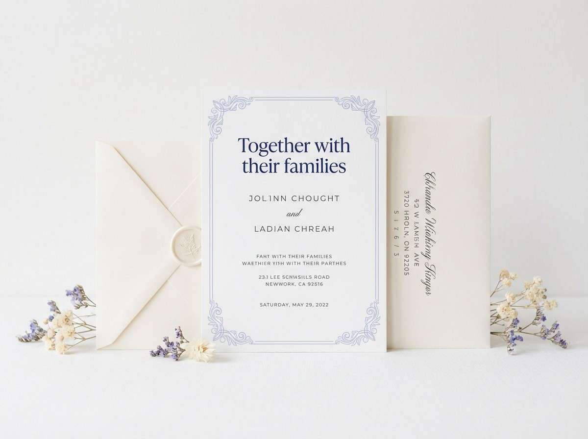 wedding invitation in blue and cream