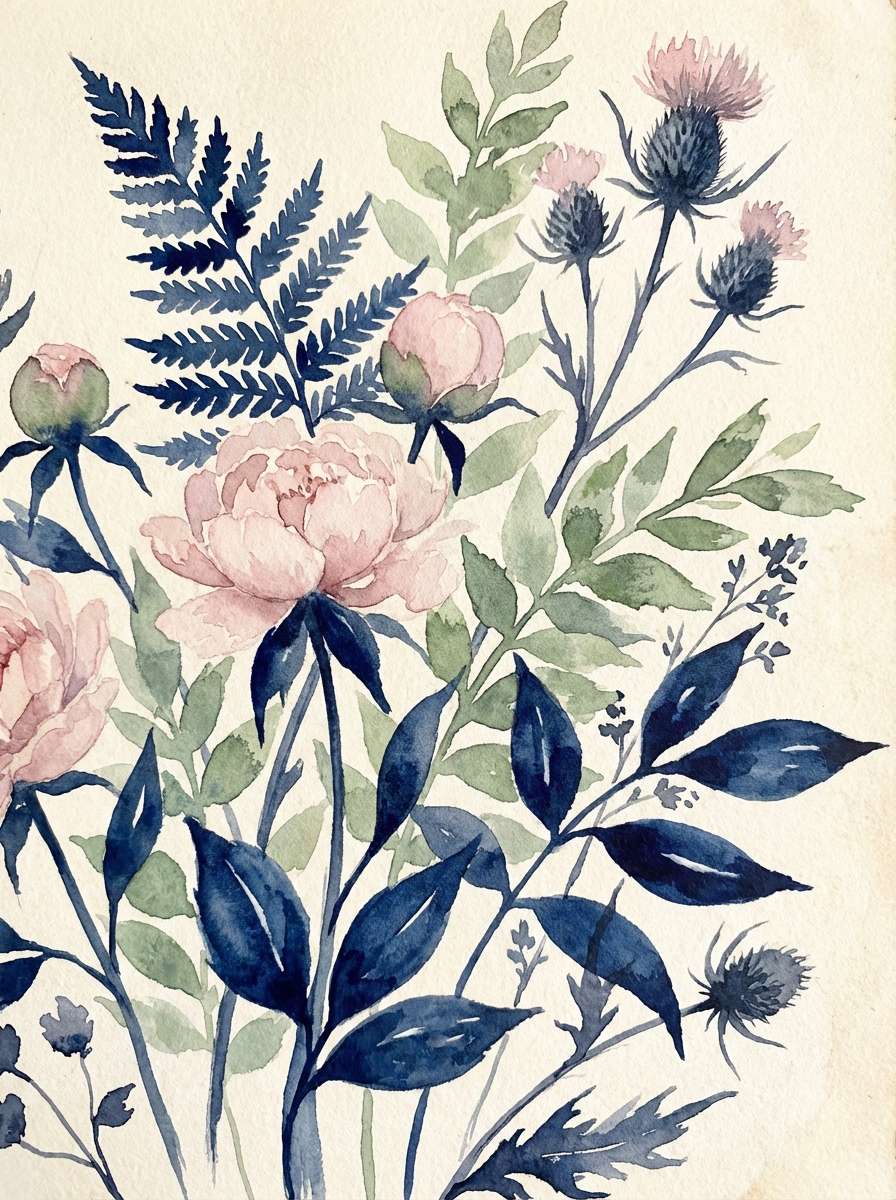 watercolor florals in indigo and sage