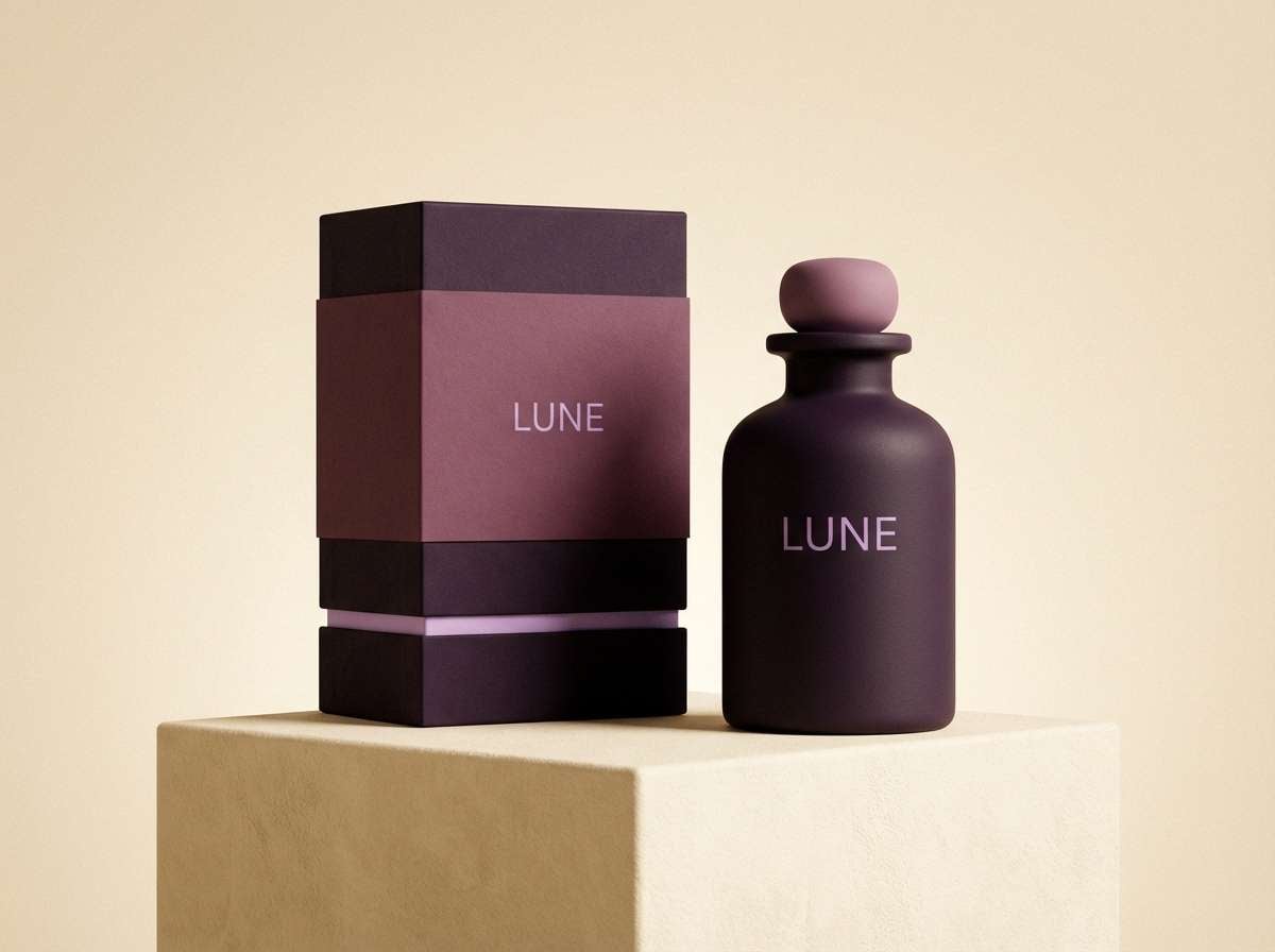 perfume packaging in plum tones