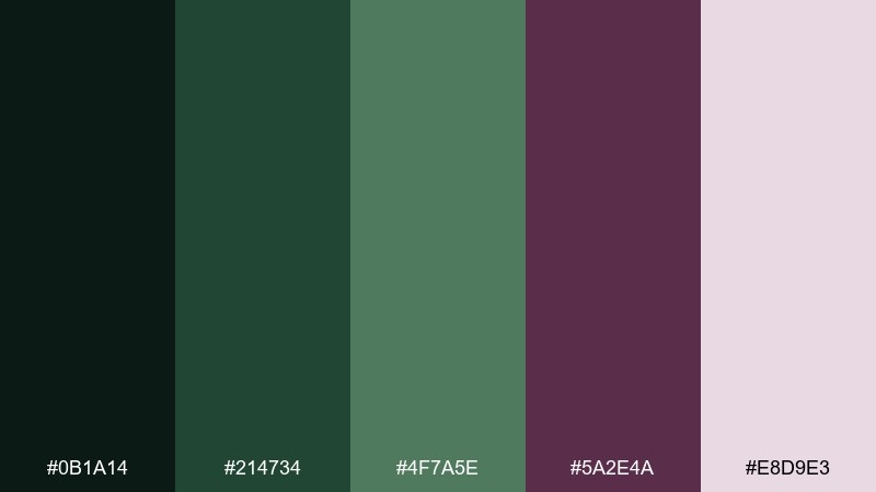 velvet pine plum fantasy forest color palette with hex codes