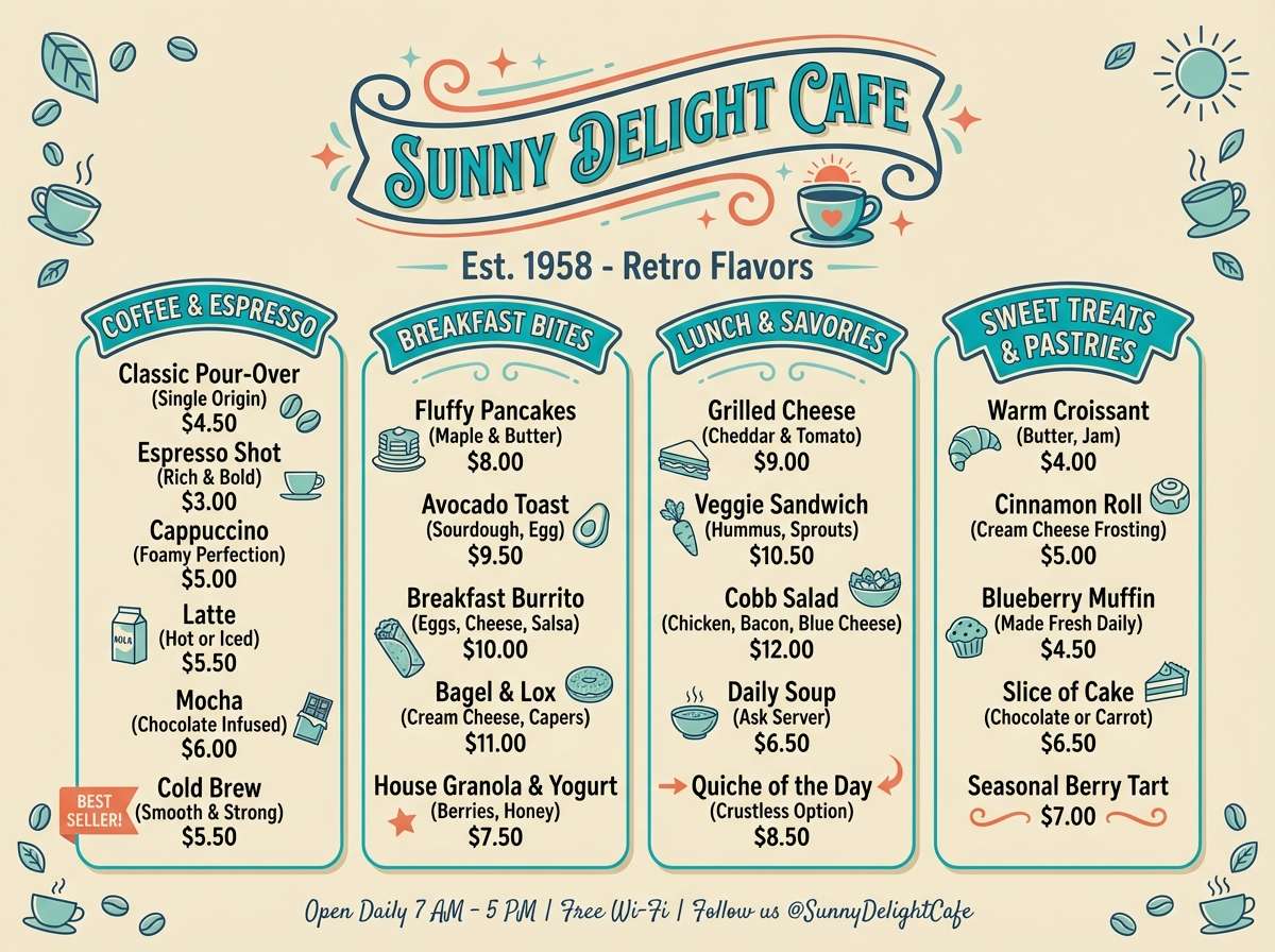 retro cyan cafe menu