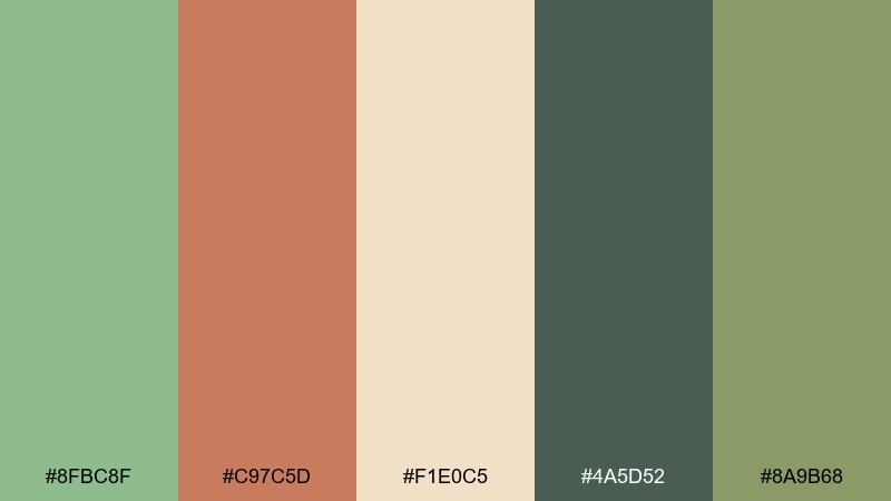 warm terra pairing dark sea green color palette with hex codes