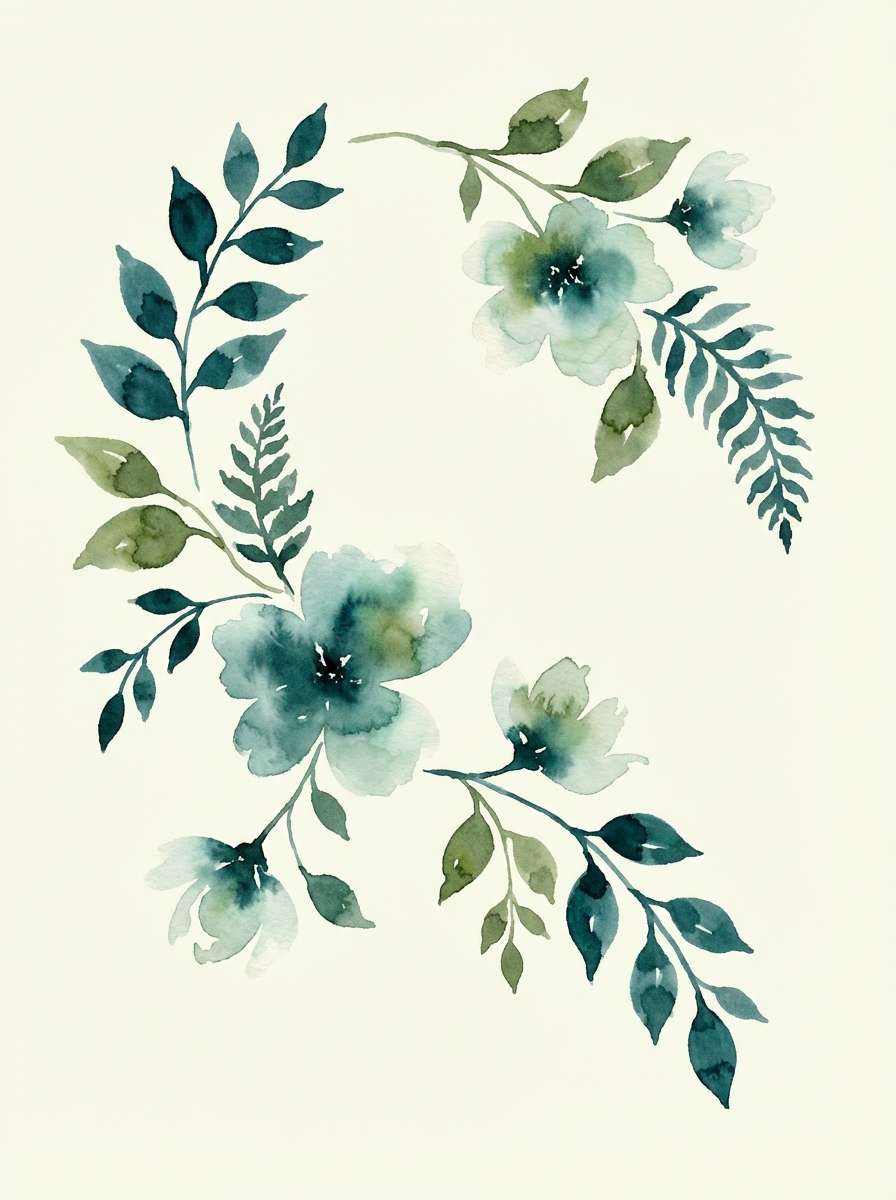 watercolor leaves in dark turquoise color scheme