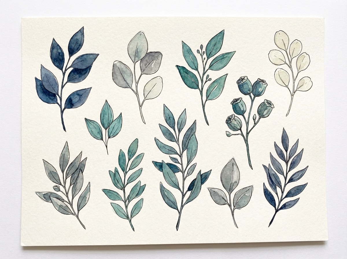 watercolor botanicals in teal tones