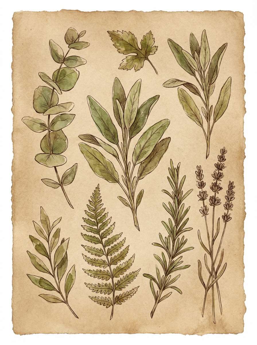 watercolor herbs in muted greens