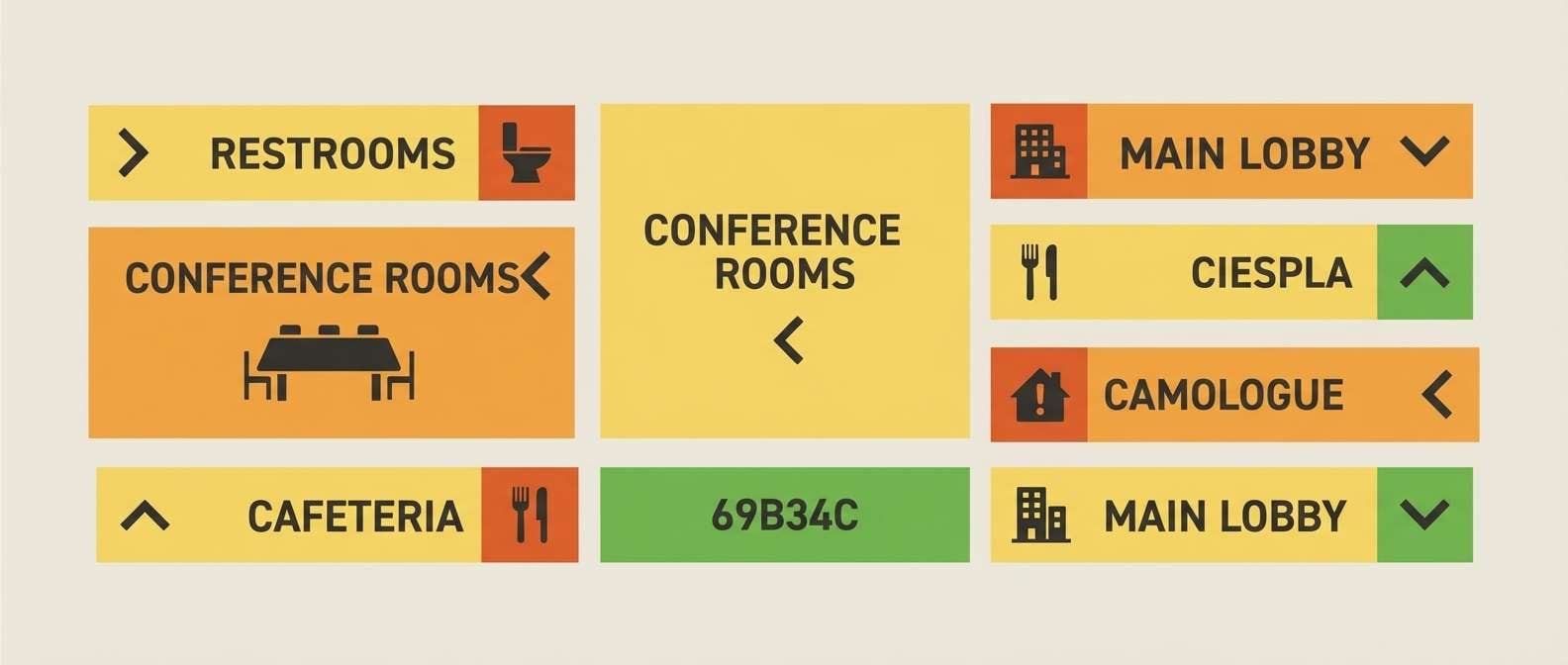 orange yellow green wayfinding signage set