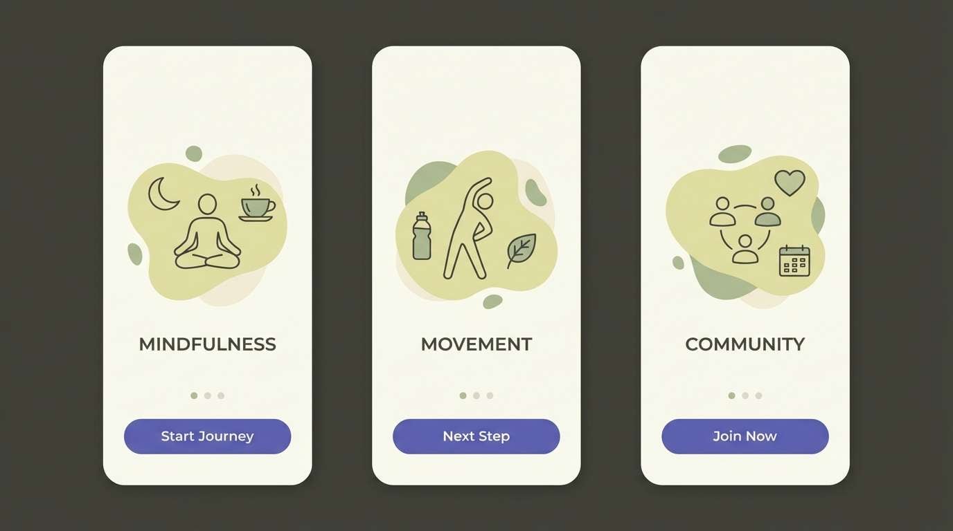 wellness onboarding screens with slate blue accents