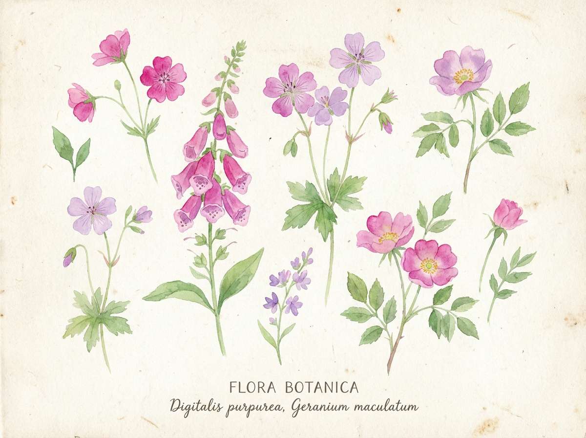 watercolor wildflower print in fuchsia pink color scheme