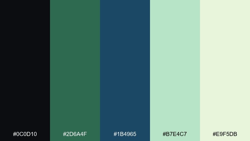 winter botanical black green blue color palette with hex codes
