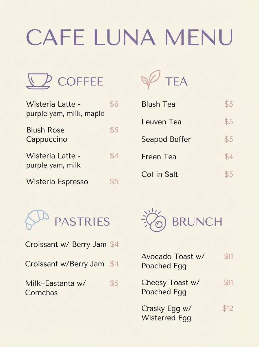 pastel cafe menu layout