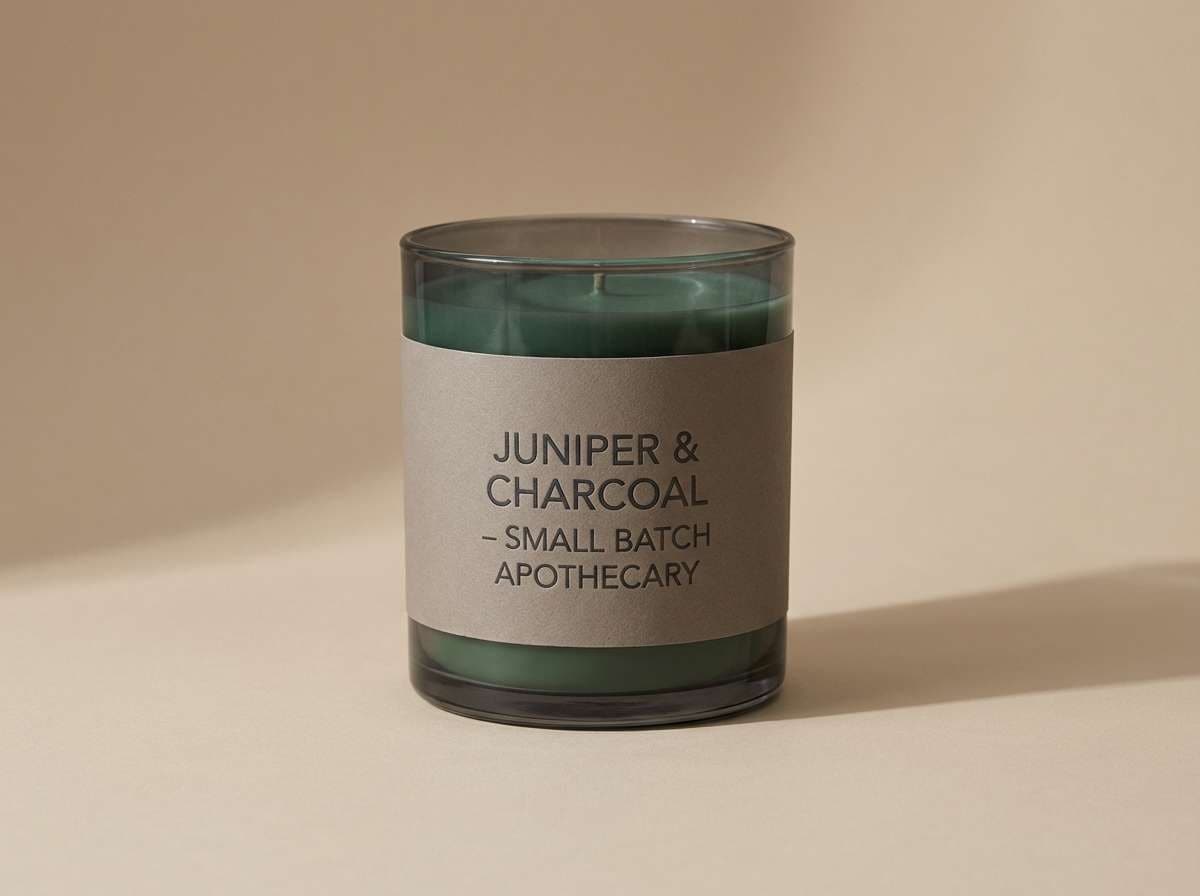 candle label in juniper tones